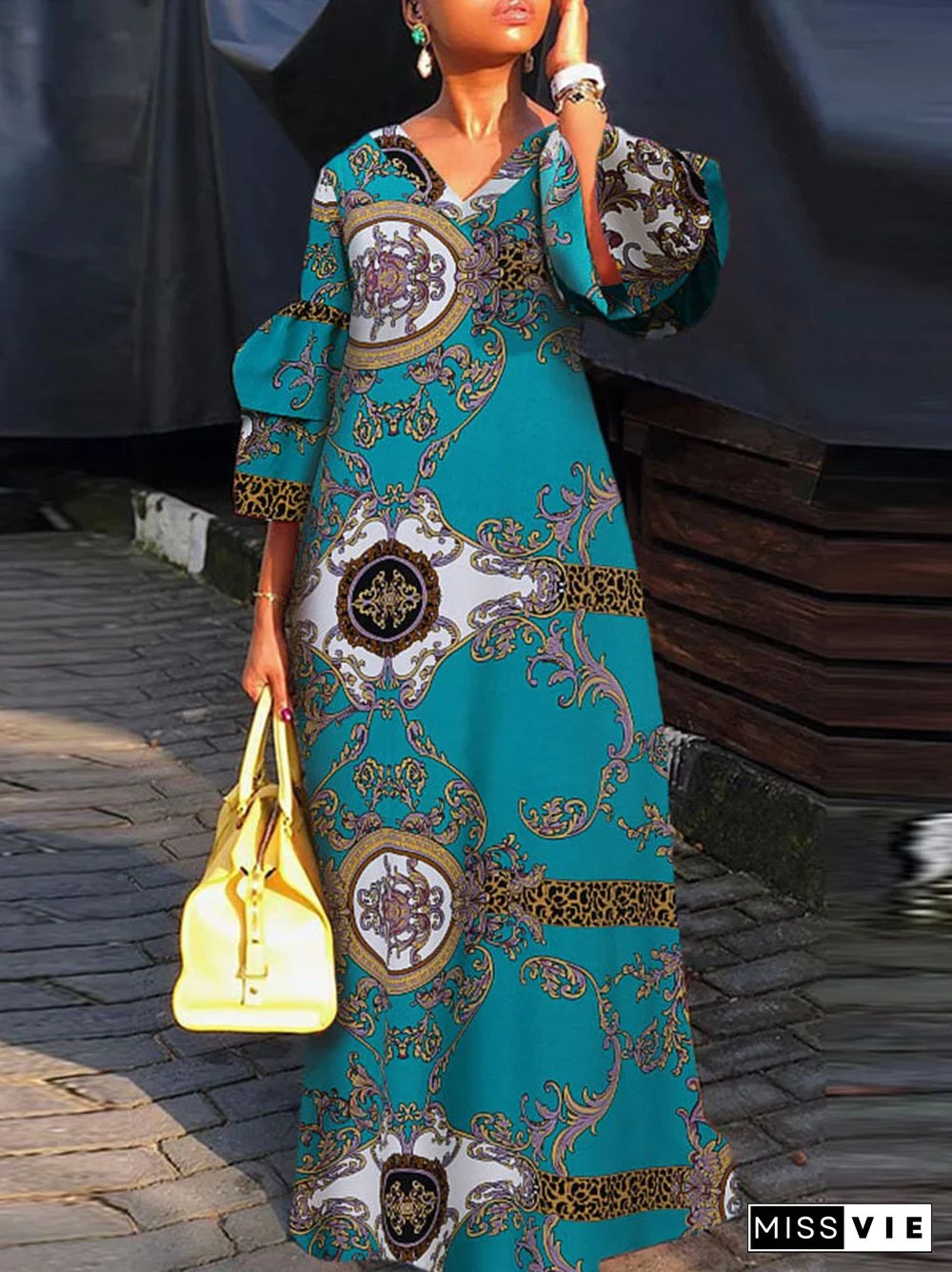 Tribal Pattern V-neck Loose Maxi Dress For Women