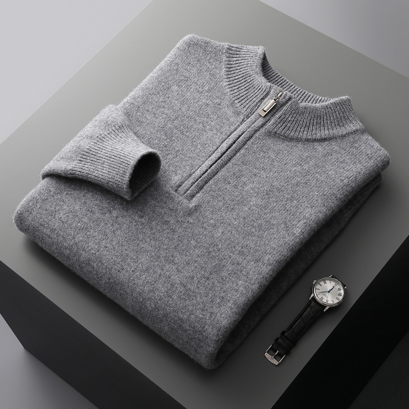 Zip Neck Casual Wool Sweater For Men REAL SILK LIFE