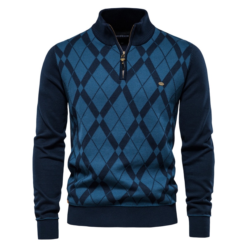 Men's Argyle Cotton Mock Neck Zipper Pullover Quality Warm Sweater | ARKGET