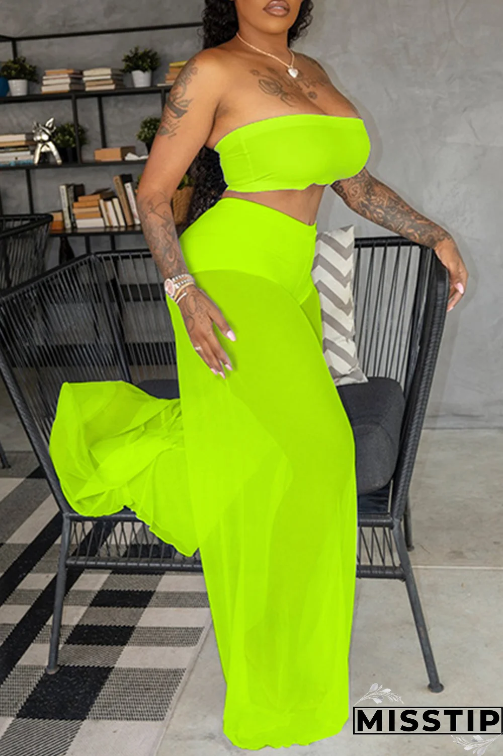 Rose Red Sexy Solid Mesh Strapless Sleeveless Two Pieces