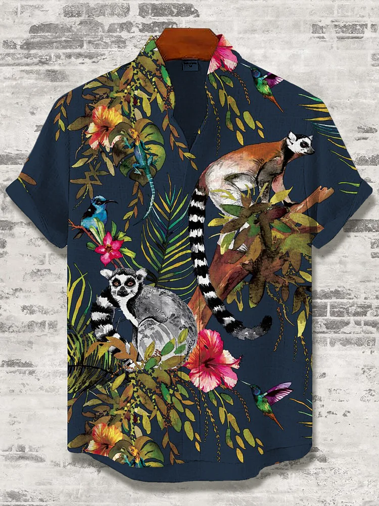 Men's Lemur Flower And Bird Chameleon Art Print Casual Shirt
