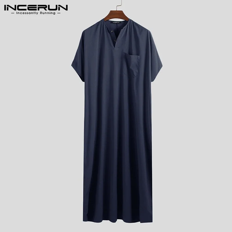 INCERUN Jubba Thobe Men Islamic Arabic Kaftan Solid Short Sleeve Loose Retro Robes Abaya Middle East Muslim Clothing Plus Size 7