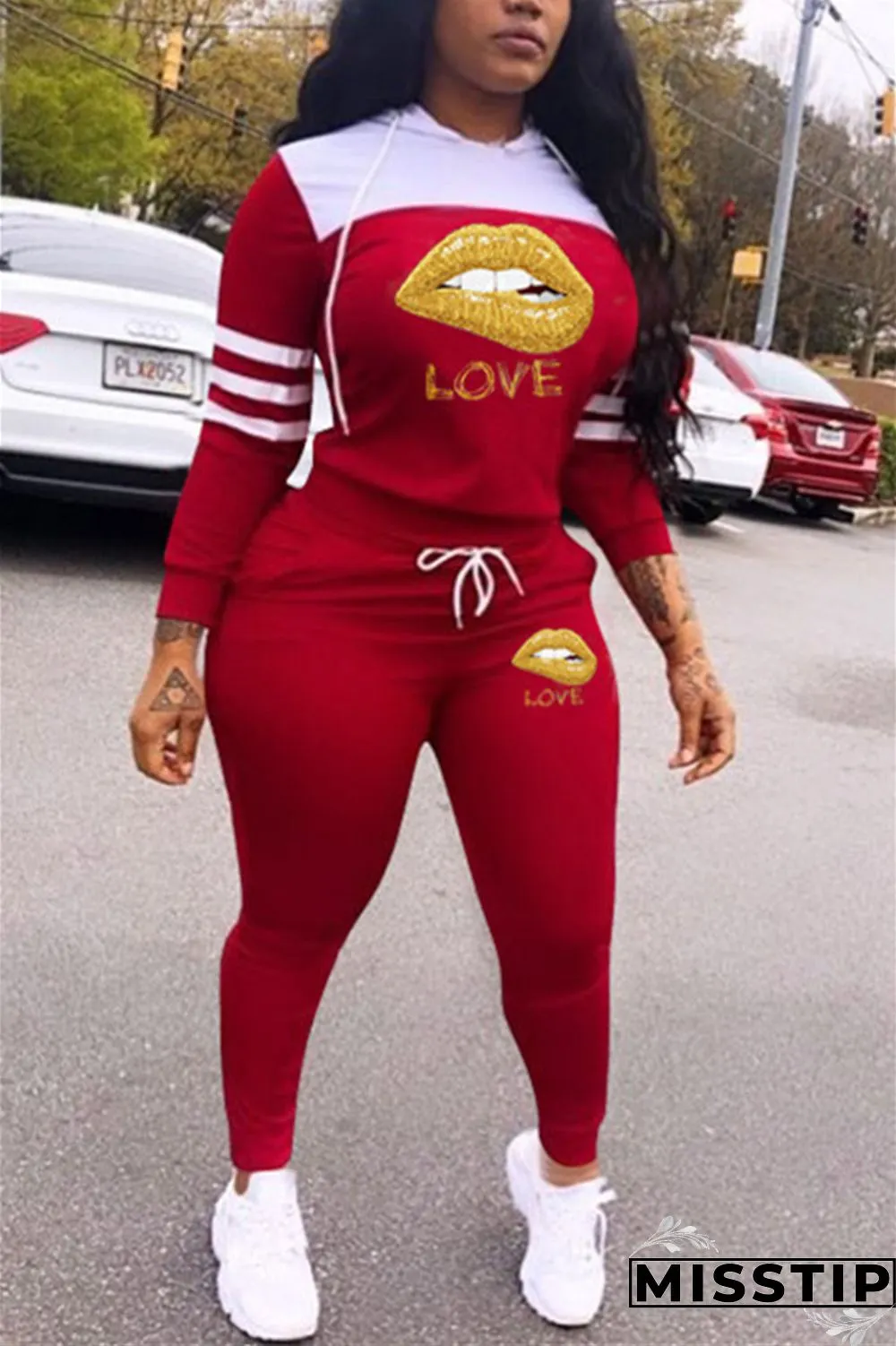 Orange Spandex Sexy Print pencil Long Sleeve Two Pieces