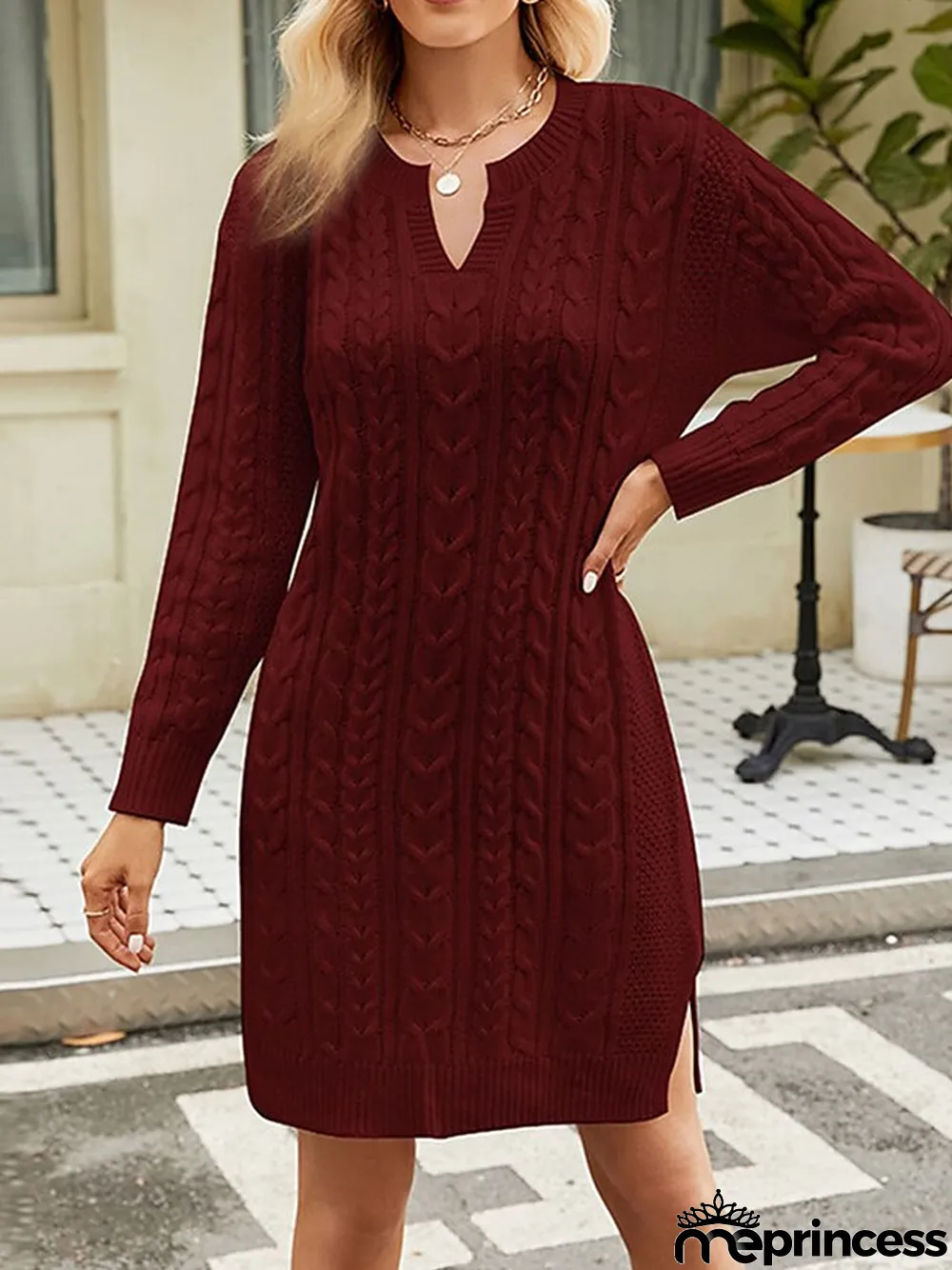 Women's Sweater Dress V Neck Cable Knit Acrylic Split Fall Winter Outdoor Daily Holiday Stylish Sexy Soft Long Sleeve Solid Color Maillard Black White Wine S M L
