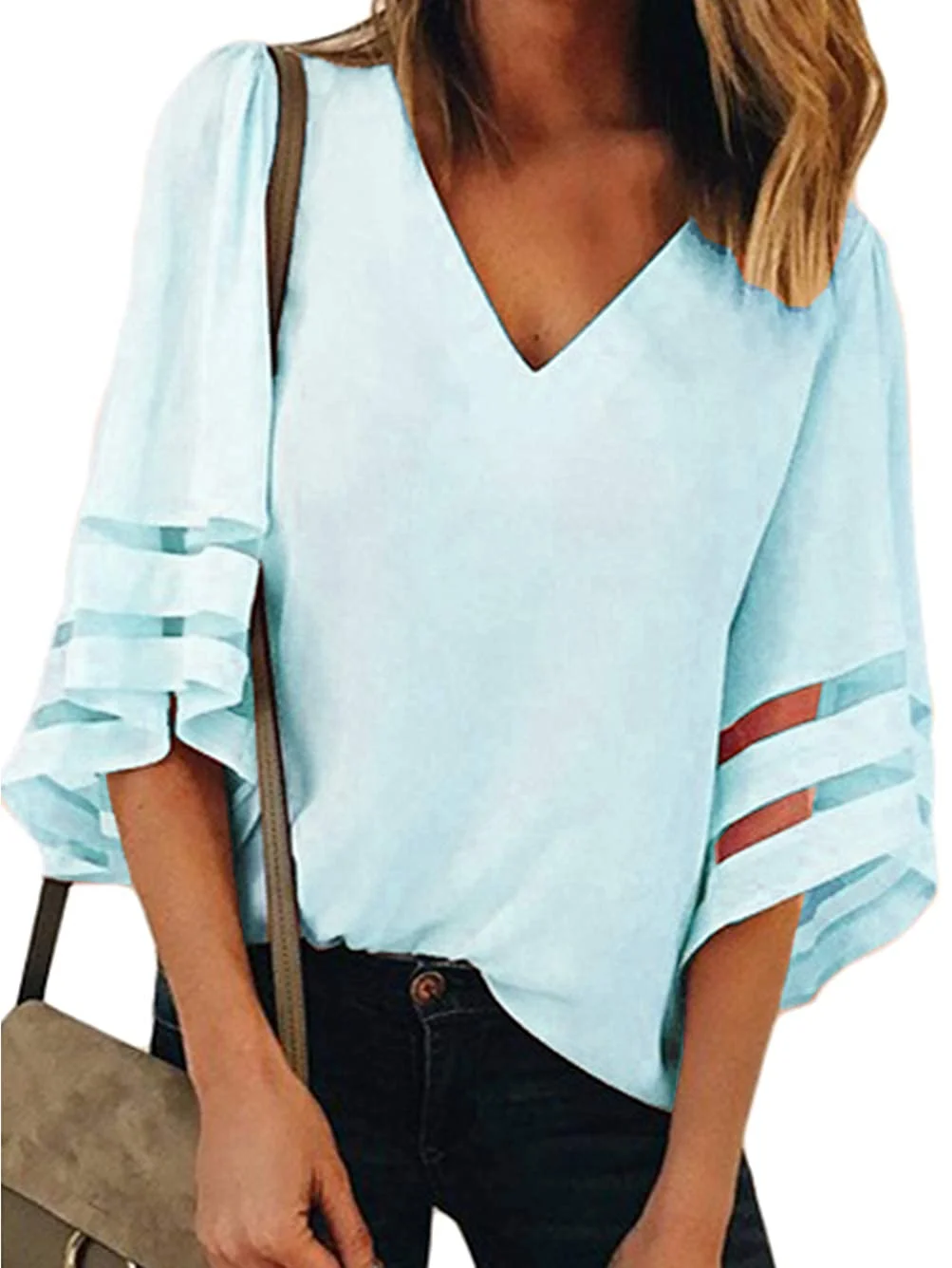 Women's V Neck Shirt 3 4 Bell Sleeve Mesh Patchwork Casual Loose Summer Tops Bouse