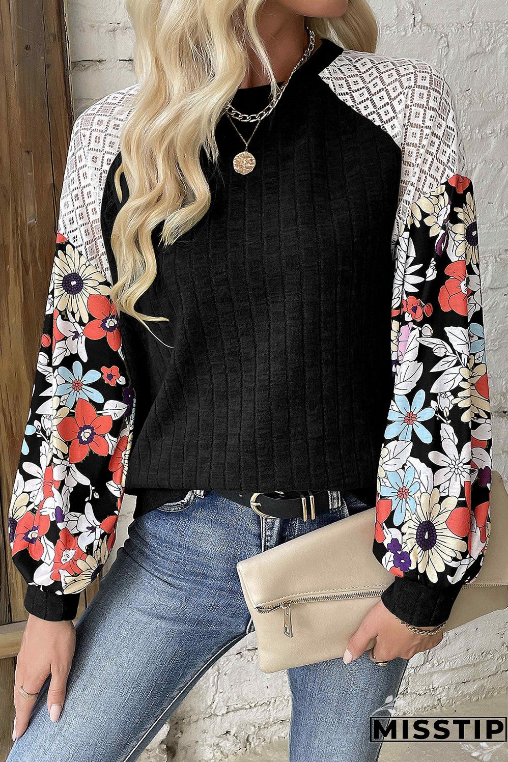 Black Floral Patchwork Long Sleeve Ribbed Blouse