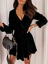 Velvet Solid Color Bandage  Puff Sleeve  Mini Dress