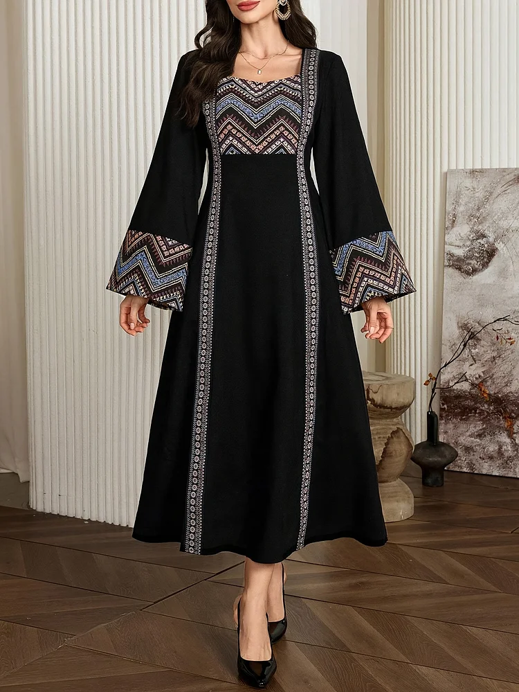 Women's Elegant Black Geometric Print Dress With Square Neck & Puffed Sleeves - Slim-Fit Traditional Middle Eastern-Inspired Long Sleeve Dress, Machine Washable For All-Season Wear, Cultural Attire, Intricate Pattern Detail