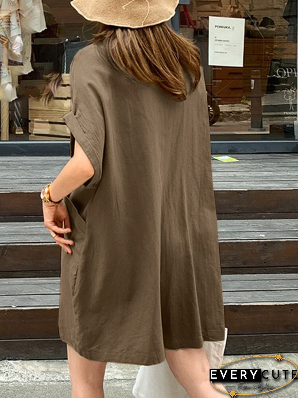 Solid Loose Pocket Button Lapel Short Sleeve Romper