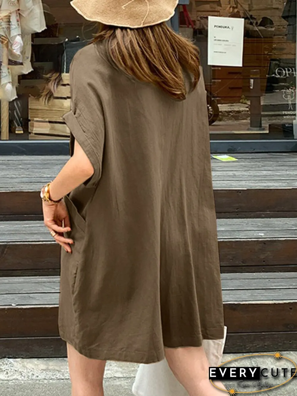 Solid Loose Pocket Button Lapel Short Sleeve Romper