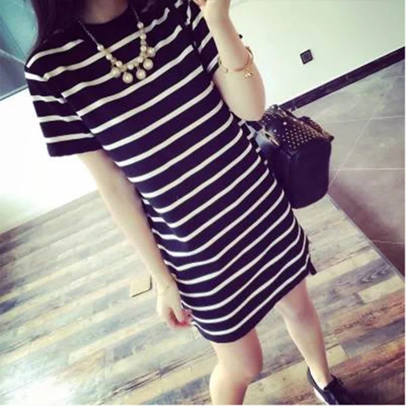 Brownm Brownm Summer Women's Wear Long Women's Stripe Loose Short-Sleeved T-Shirt Korean Version Horizontal Stripe Women's Dress