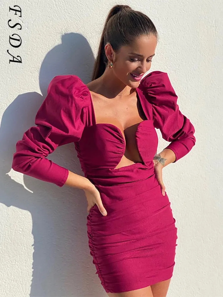 FSDA V Neck Long Puff Sleeve Mini Party Dress Women Black Elegant 2021 Autumn Winter Club Bodycon Dresses Green Brown Sexy