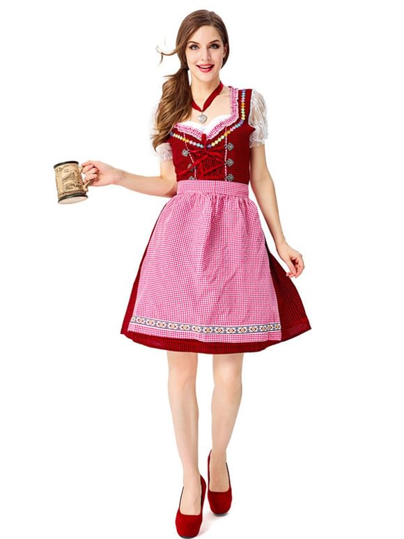 Beer Girl Costume Lace Up Gingham Ruffles Women Oktoberfest Costume Novameme