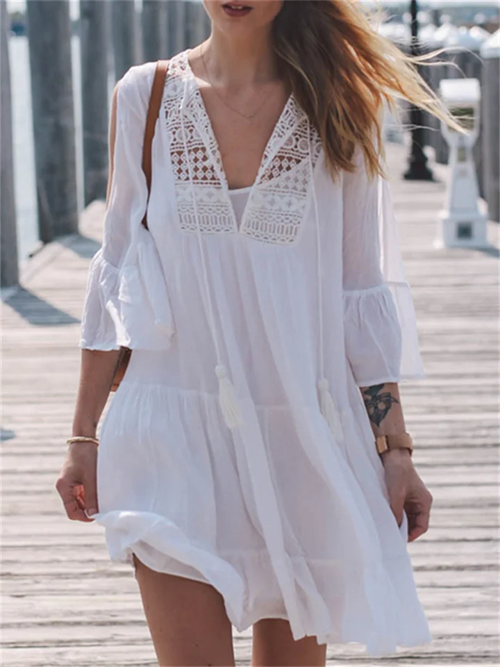 Cotton Lace Patchwork Ruffle Beach Dress Vacation Dress Bikini Cover-ups | 168DEAL