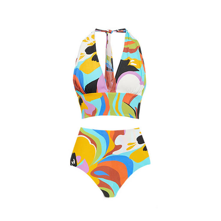Color Block Halter Bikini Swimsuit and Skirt Flaxmaker