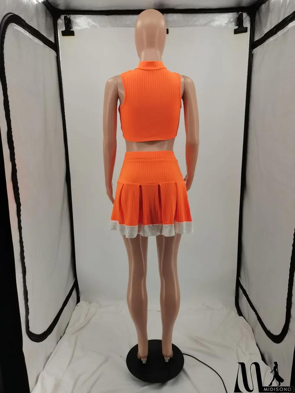 MidiSono - Casual Letter Print Sleeveless Zip Top Splice Pleated Skirt 2 Piece Set