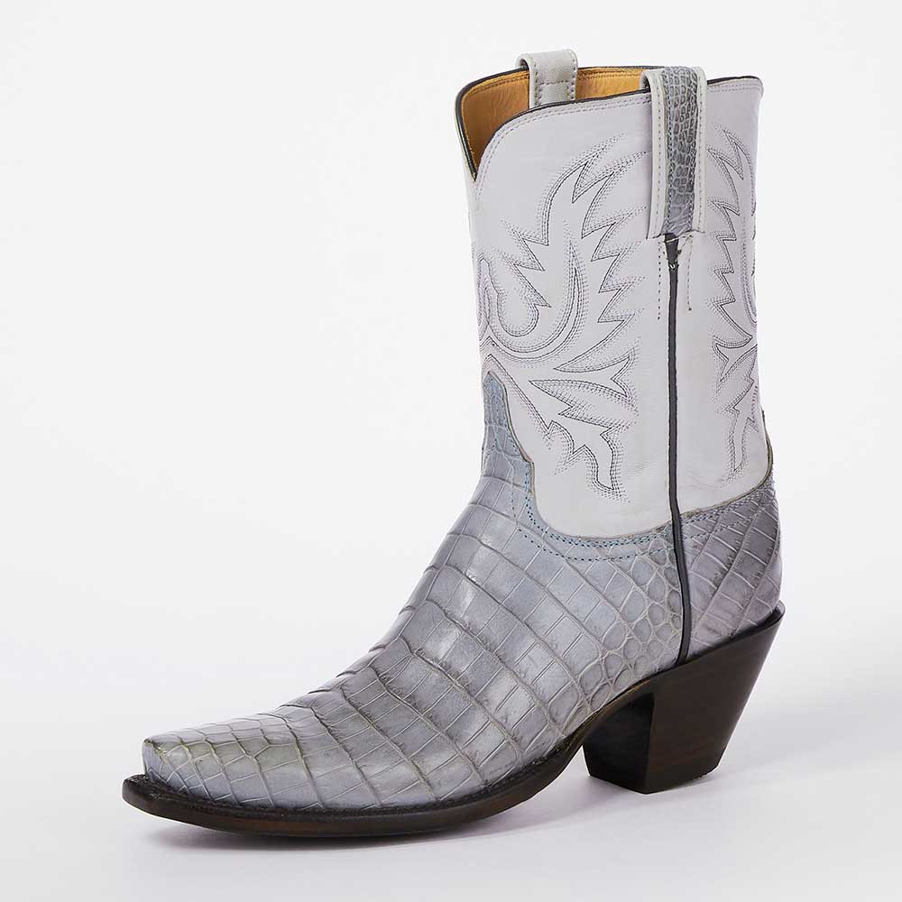 White & Grey Croco Embossed Pointed Toe Chunky Heel Cowgirl Boots Nicepairs