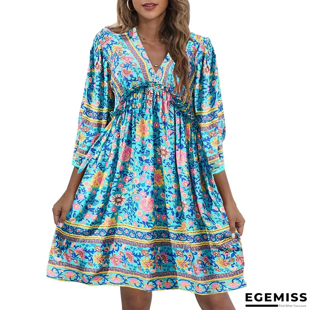 Bohemian Print V-neck Bubble Sleeve Big Swing National Style Dress Women's Wear | EGEMISS