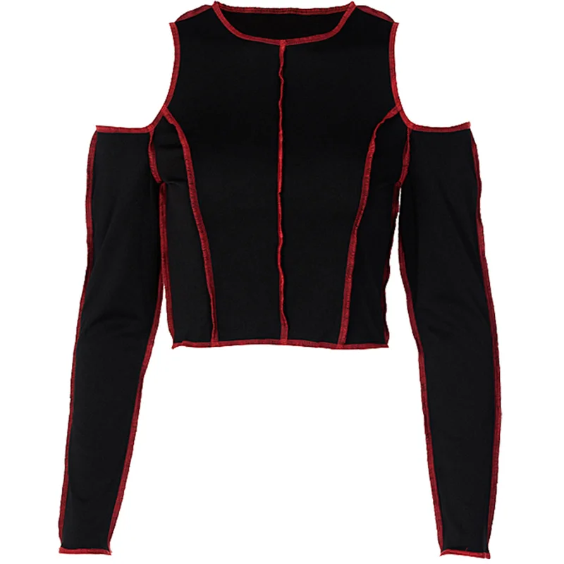 Sexy Women's Crop Top Stylish Patchwork Cold Shoulder Long Sleeve Round Neck T-Shirt Clubwear Tee Shirt Women Autumn Clothes