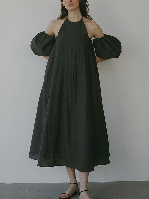 Off The Shoulder Half Sleeve Halter Neck Solid Color Midi Dress