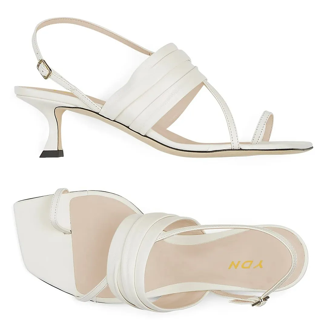 Soft Toe Ring Wrinkled Strap Buckled Low Heel Sandals in Ivory