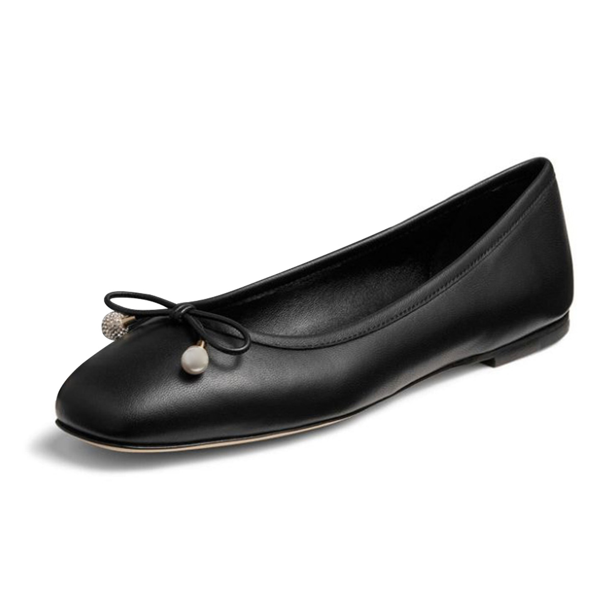 Black Slip-On Square Toe Pearl Rhinestone Bow Flat Shoes for Women Nicepairs