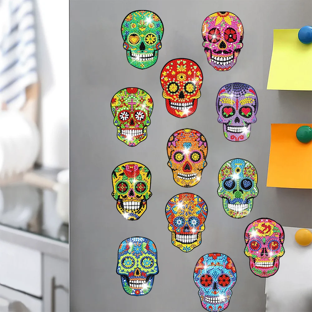 12pcs DIY Skull Diamond Painting Magnets Refrigerator for Adult Kid Fridge Car