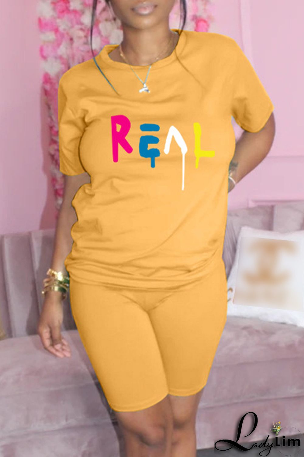 Yellow Fashion Casual Print Basic O Neck Short Sleeve Two Pieces