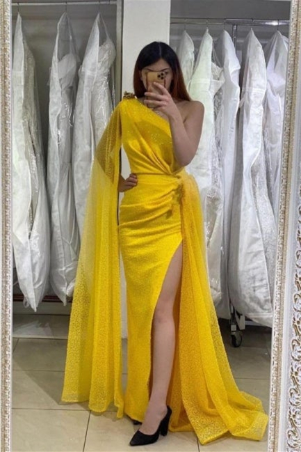 Bellasprom Yellow Ruffles Prom Dress Mermaid Long Split One Shoulder Bellasprom