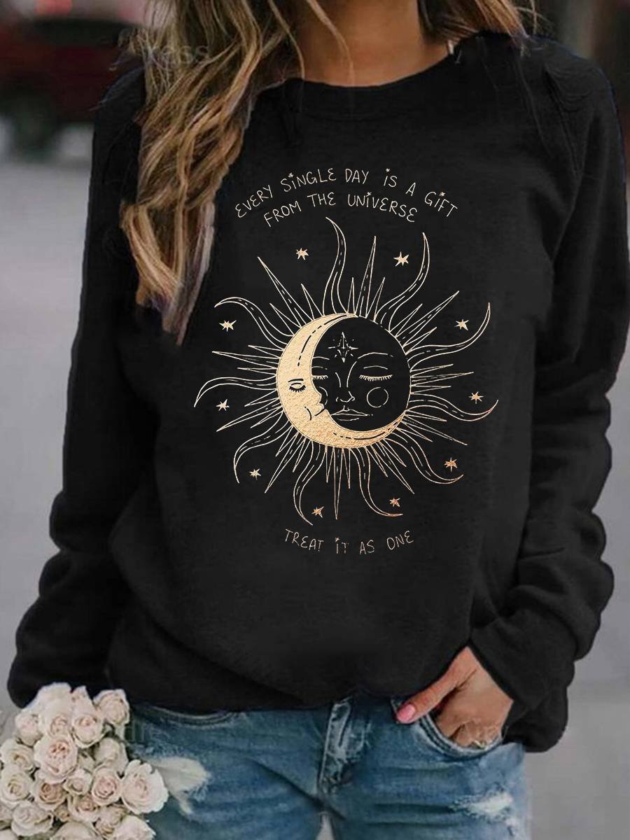 Sun And Moon Print Casual Round Collar Loose Sweatshirt
