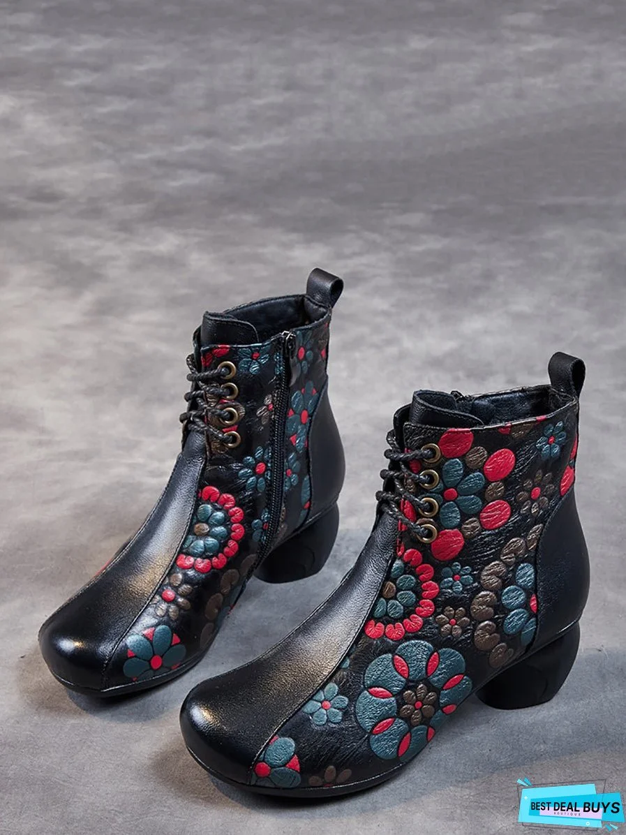Women Retro Leather Flower Print Chunky Heel Boots