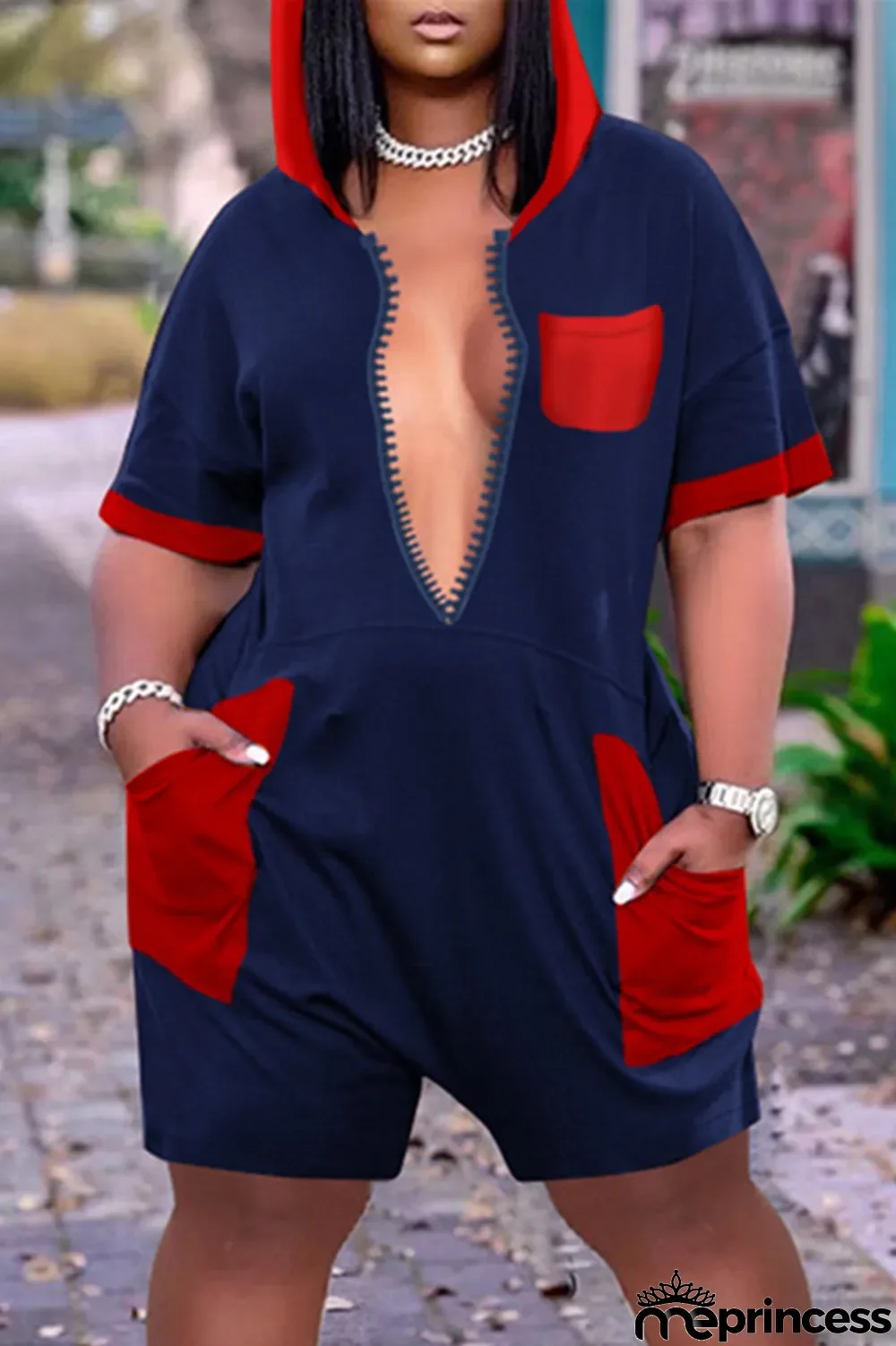 Blue Red Fashion Casual Plus Size Solid Split Joint Hooded Collar Short Sleeve Romper
