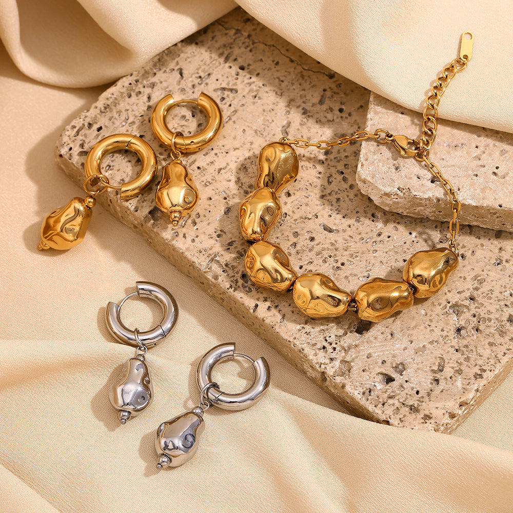Niche Retro Personality Earrings Stainless Steel Plated 18K Gold Irregular Smooth Iron Bead Bracelet