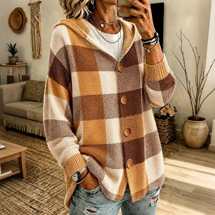 Comstylish Women's Retro Plaid Hooded Knit Cardigan