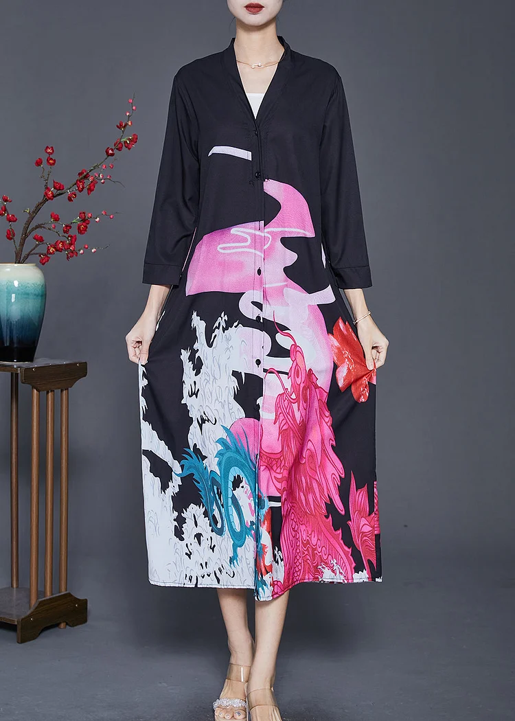 French Black V Neck Print Silk Long Dresses Spring