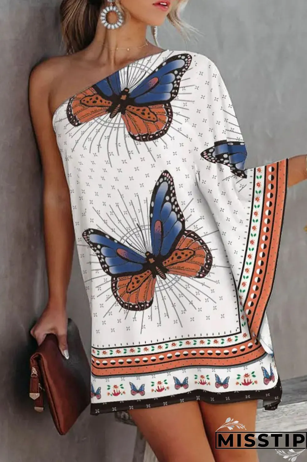 Tibetan Blue Casual Print Patchwork Asymmetrical Oblique Collar Dresses
