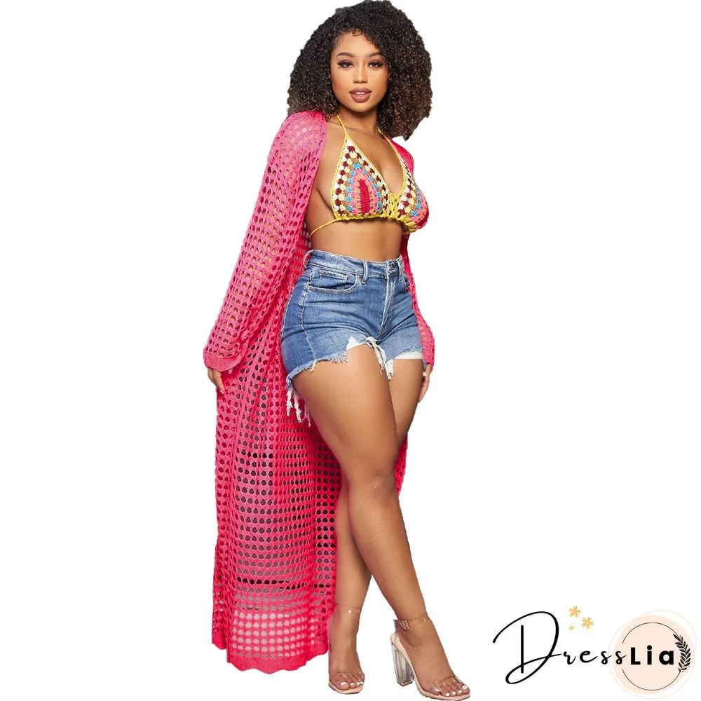 Beachwear Long Sleeve Mesh Grid Cardigan Cover-ups