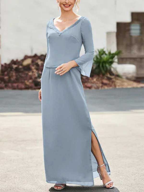 V-neck Chiffon Solid Color Top And Skirt Suit
