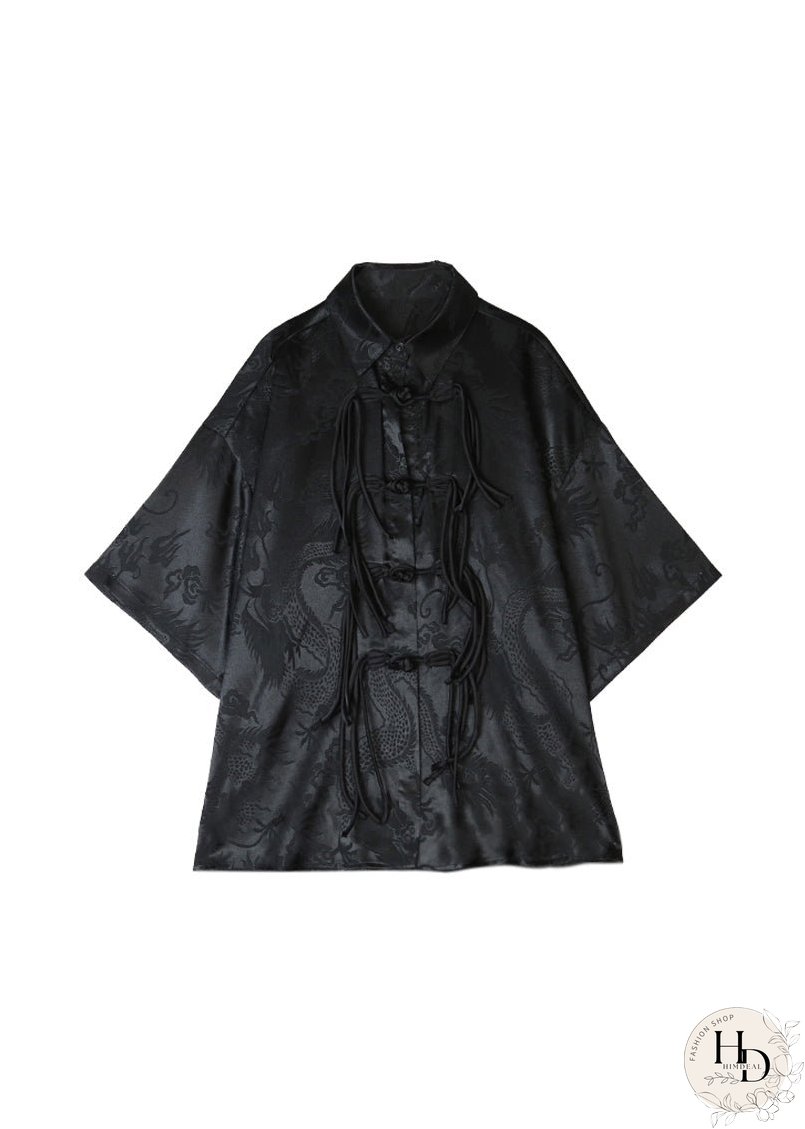 Retro Black Chinese Button Tasseled Patchwork Silk Shirt Tops Summer