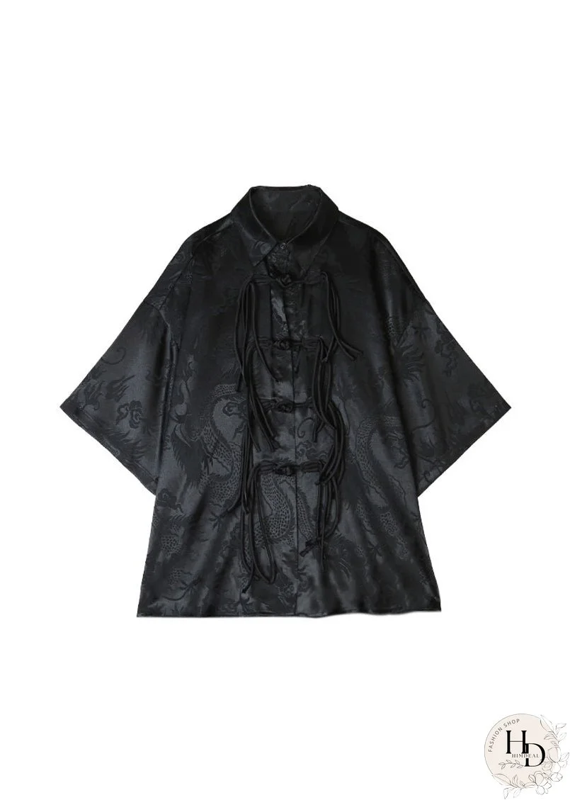 Retro Black Chinese Button Tasseled Patchwork Silk Shirt Tops Summer