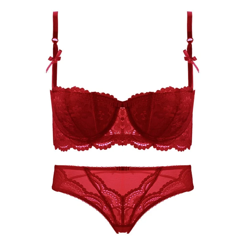 Lenceria 1/2 Cup Bra Underwire Lace Underwear Sets Intimate Underwear Womens Lingerie Feminina Tow Hook-and-Eye Bra & Brief Sets