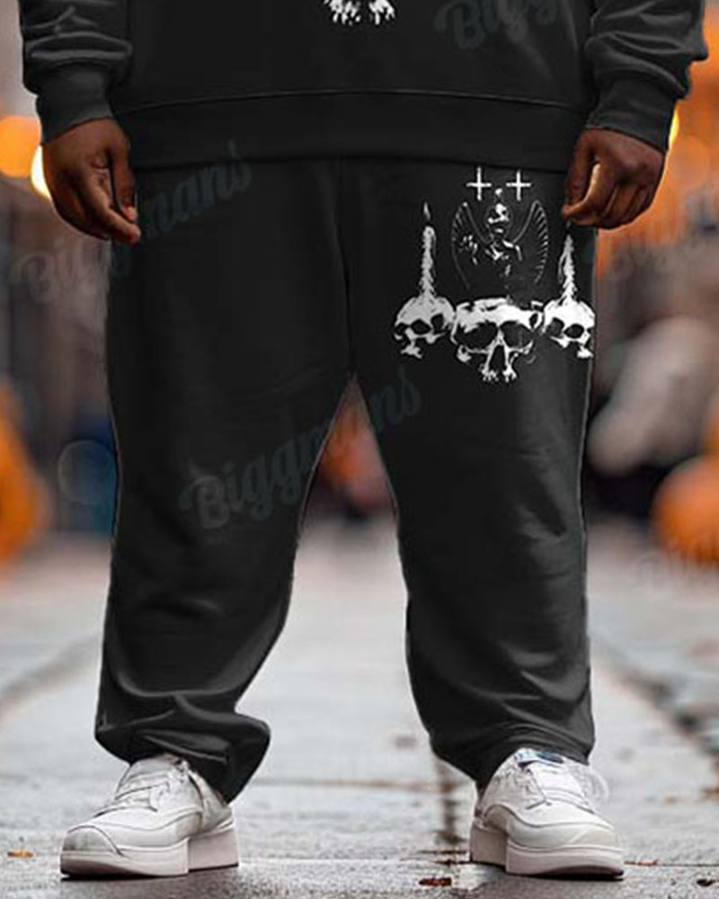 Mens Halloween Thriller Skull Cross Print Plus Size Crewneck Sweatshirt Suit