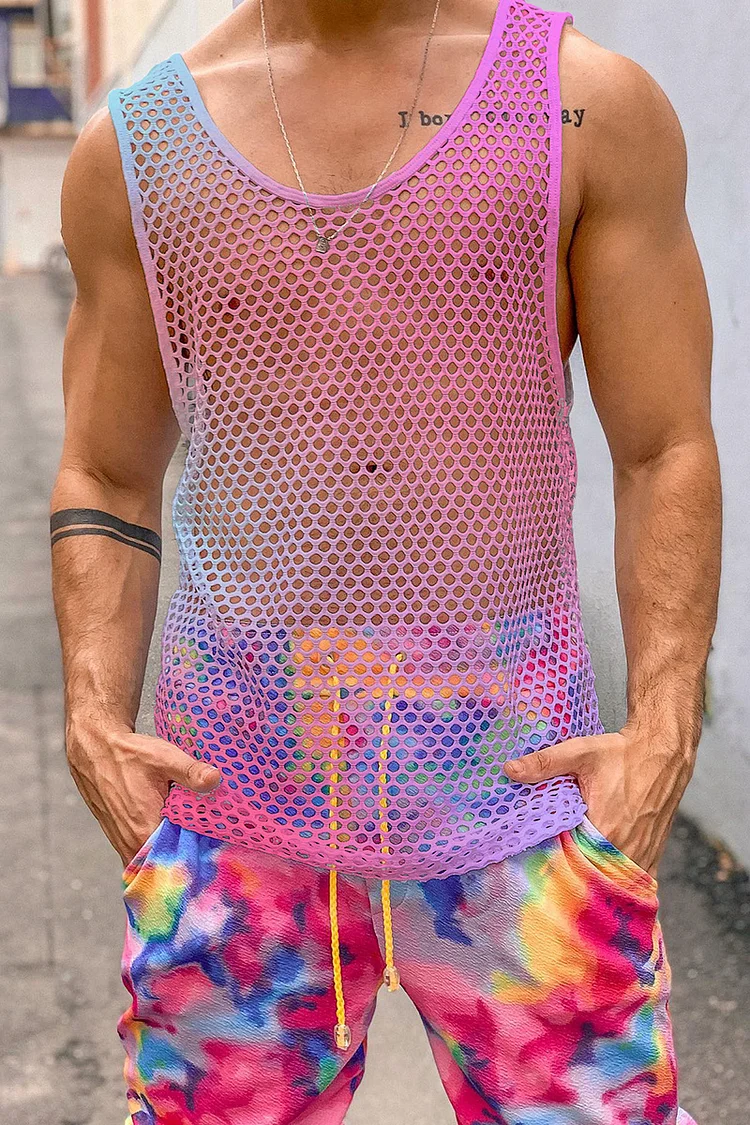 Rainbow Gradient See Through Fishnet Hollow Out Loose Fit Tank Top