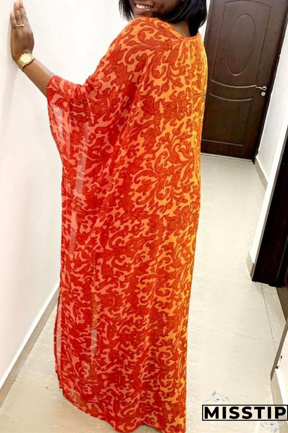Blue Fashion Casual Print Slit V Neck Long Sleeve Two Pieces