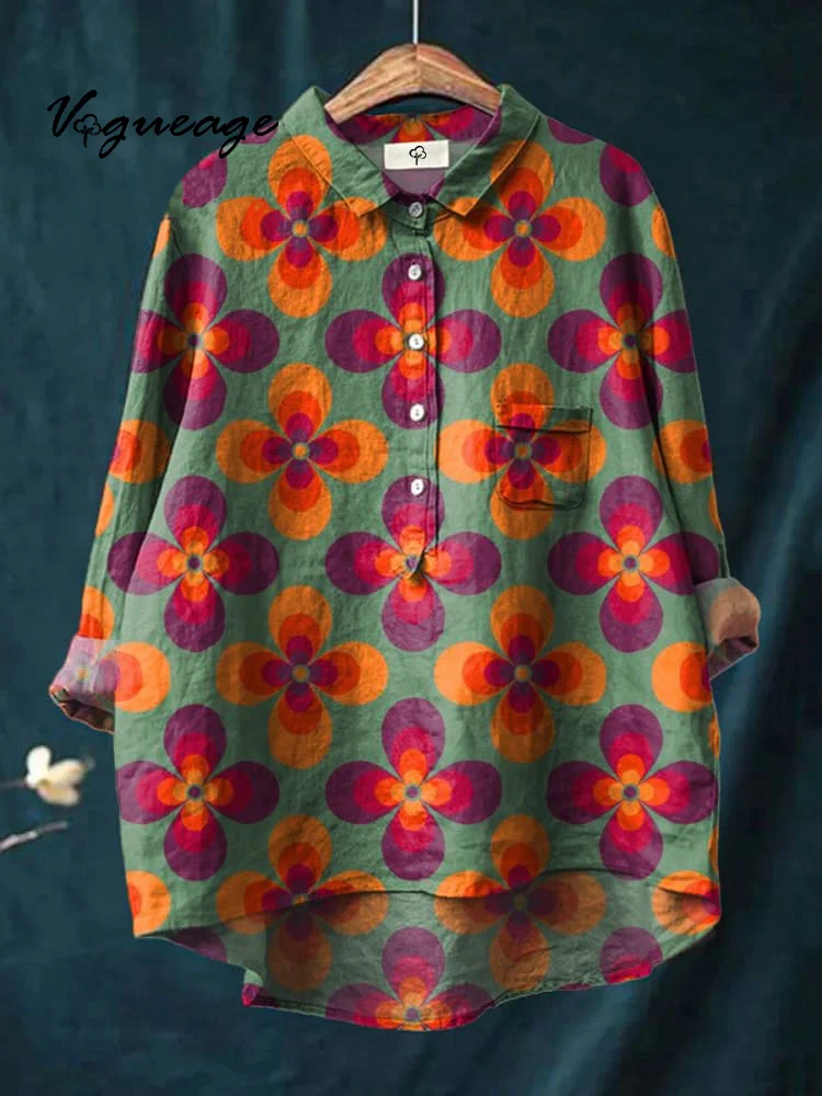 Simple Colorful Casual Bright Flowers Print Cotton And Linen Shirt