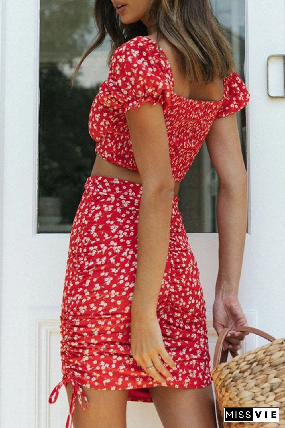 Fashion Street Print Split Joint V Neck Short Sleeve Two Pieces