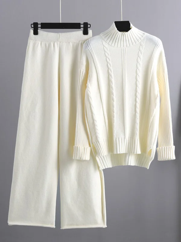 Loose Long Sleeves Split-Side Solid High-Low Half Turtleneck Sweater Tops & Wide Leg Pants Two Pieces Set