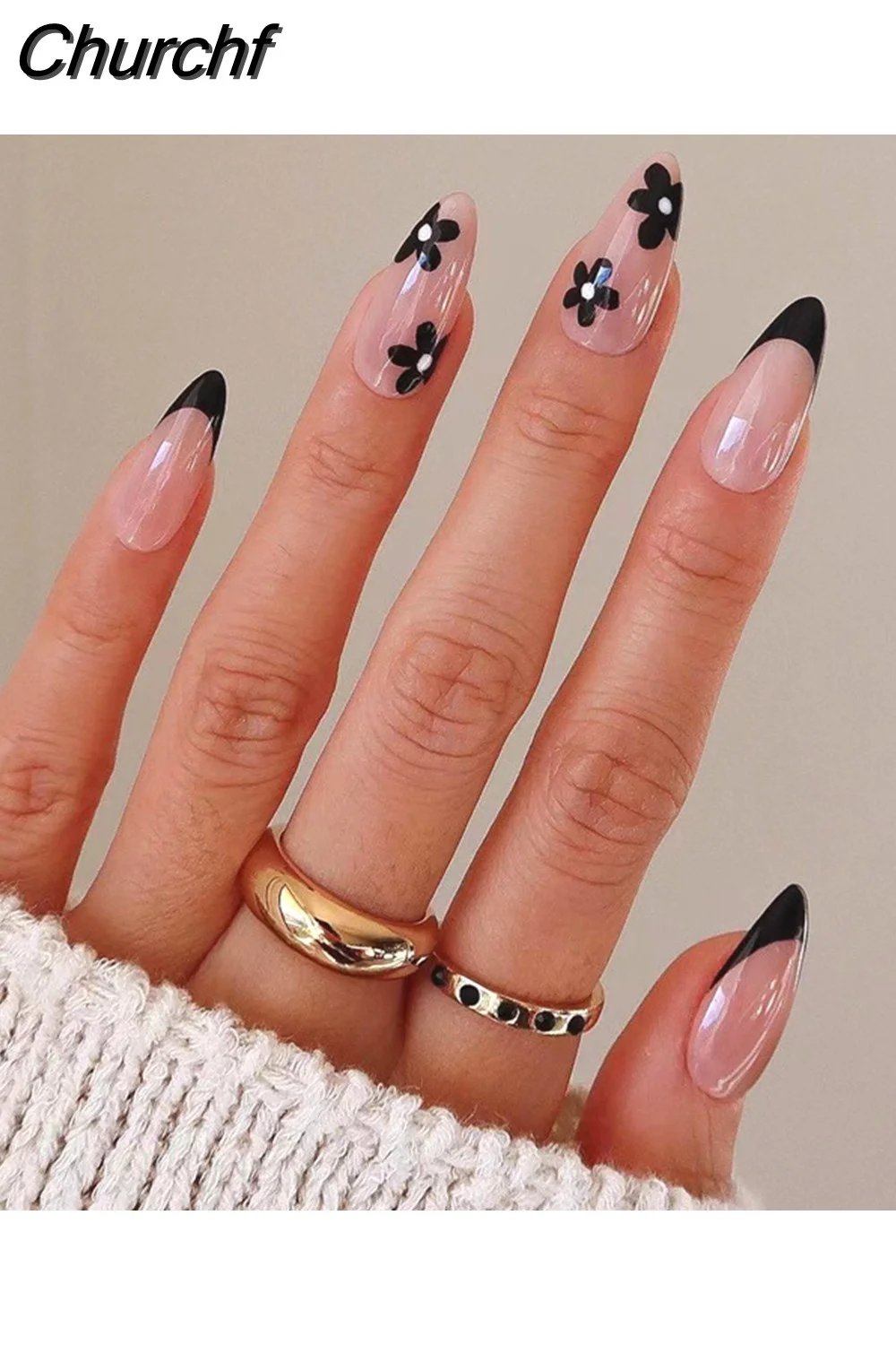 Churchf Almond False Nails Press On Nails Detachable Fake Nail Tip gold heart with Design Manicure Patches Press On Nails-Nail Inspo