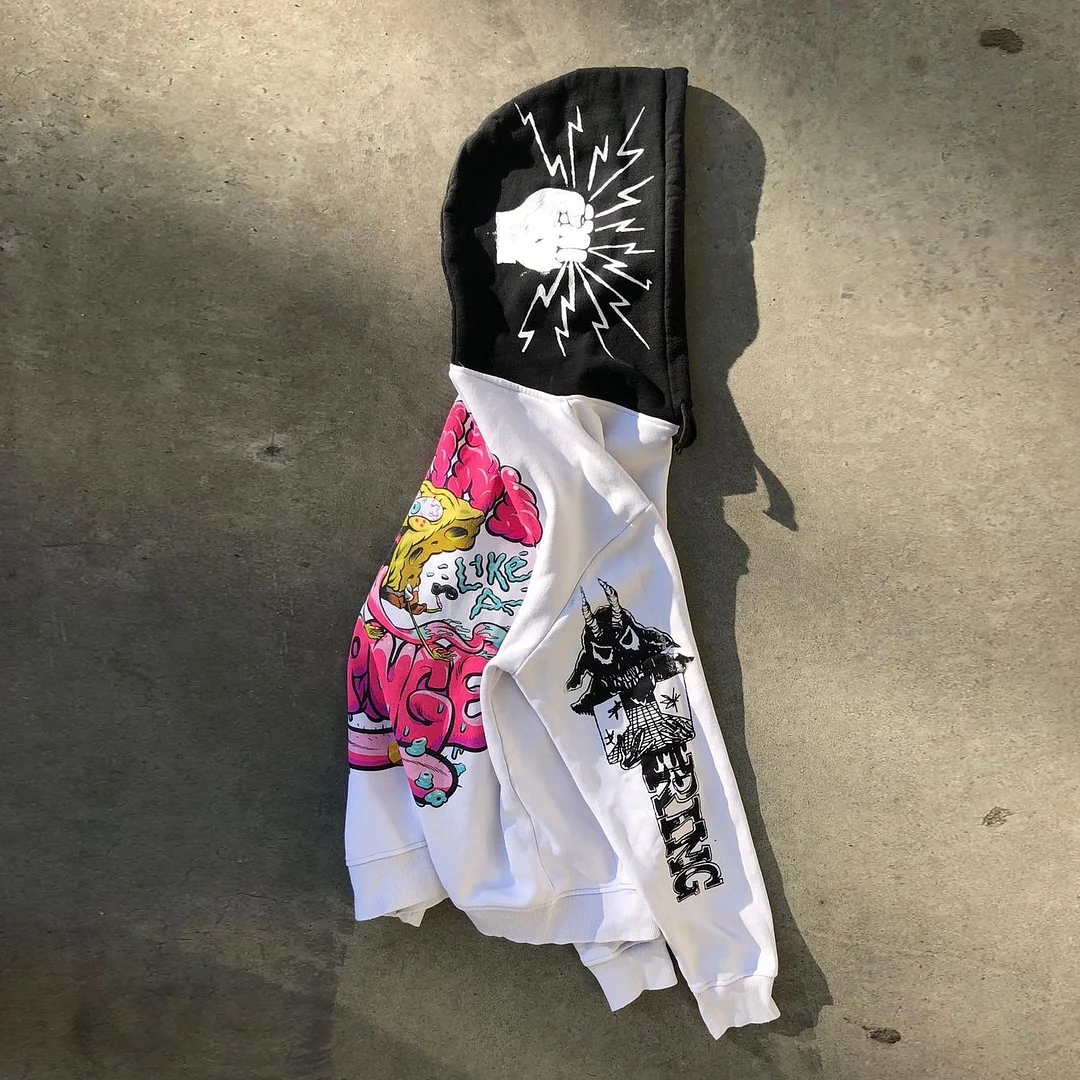 Patchwork Vintage Contrast Long Sleeve Street Hoodie