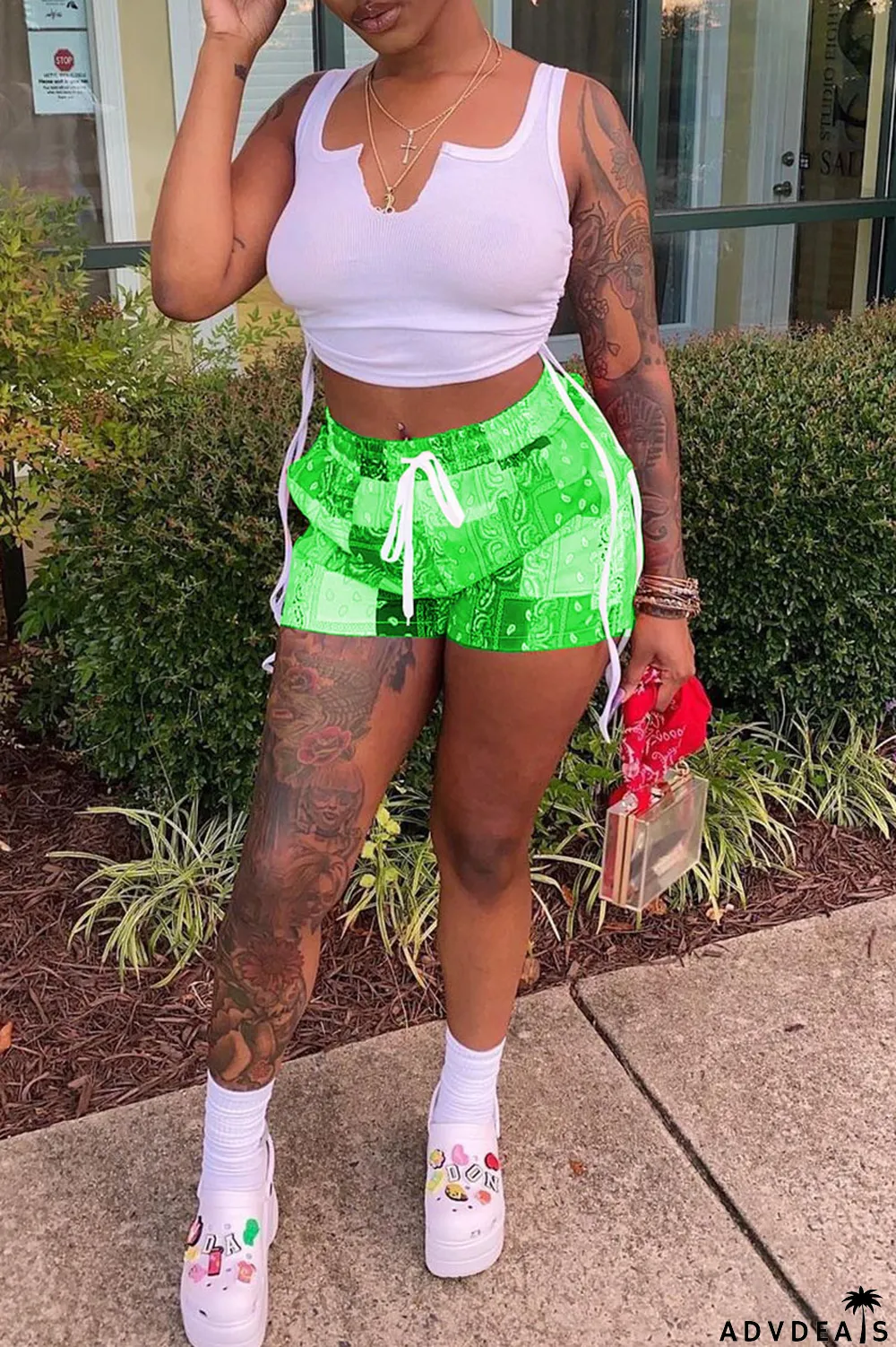 Grey Sexy Print Ripped Contrast Spaghetti Strap Sleeveless Two Pieces